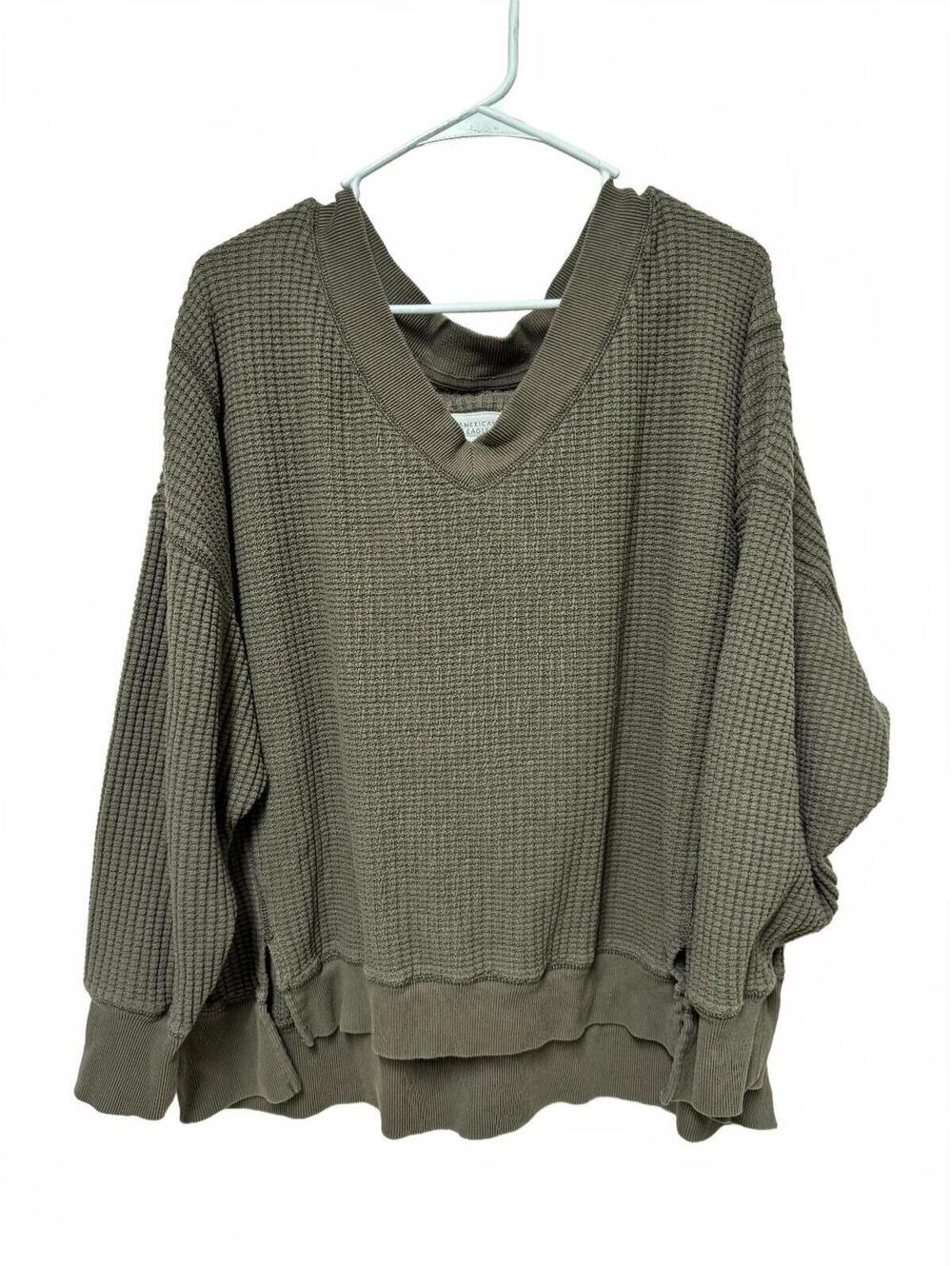 American Eagle Seriously Lived-In Waffle V-Neck Pullover Brown L